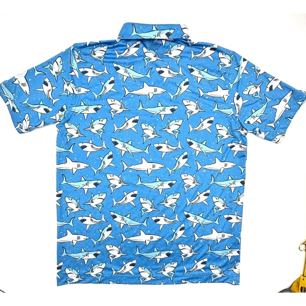 Waggle Golf Polo Shirt Mens Large Blue Shark Attack Short Sleeve Performance - Picture 3 of 10